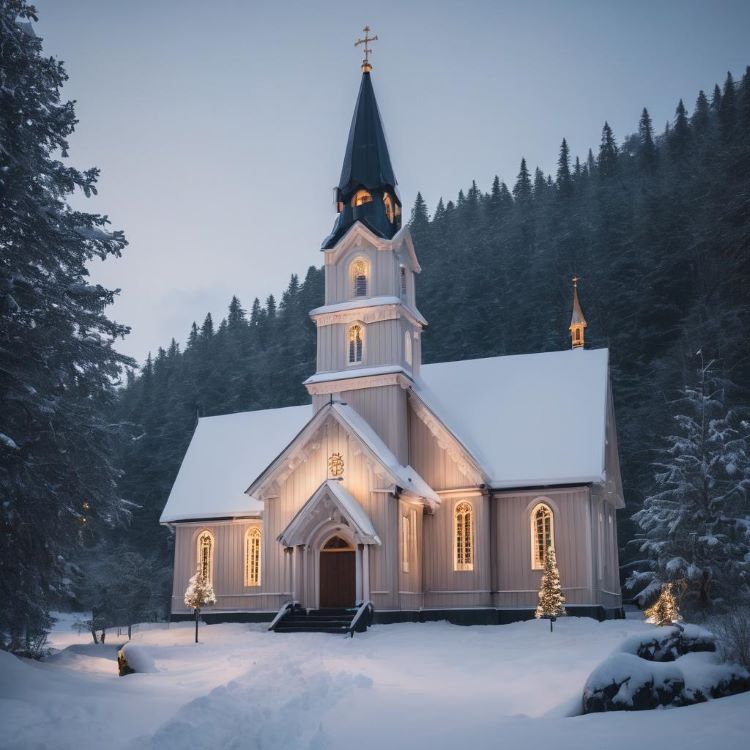 Church in Norway decorated for Christmas. Mette and her flock of sparrows heard the Bells on Christmas Eve giving them hope.