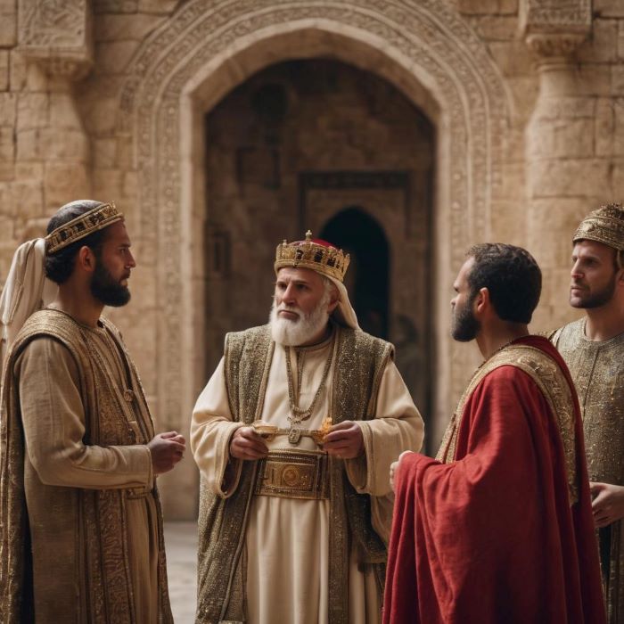 Three wise men visit King Herod. From the Christmas story - The Three Camels - A Christian story about the camels who carried the Magi to see Jesus.