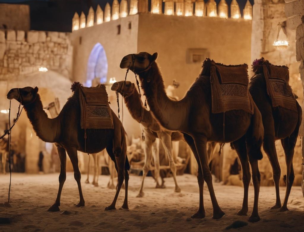 Gaspar, one of the three wise men traveling on camels to see Jesus brought a gift of Frankincense. His camel, Nina thinks that they are visiting a Temple or place of worship.