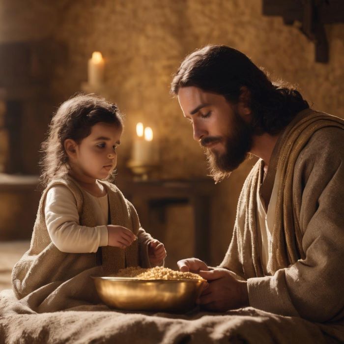Joseph with a young Jesus in Nazareth. The wise men and their camels followed the star directly to the house where Jesus lived.