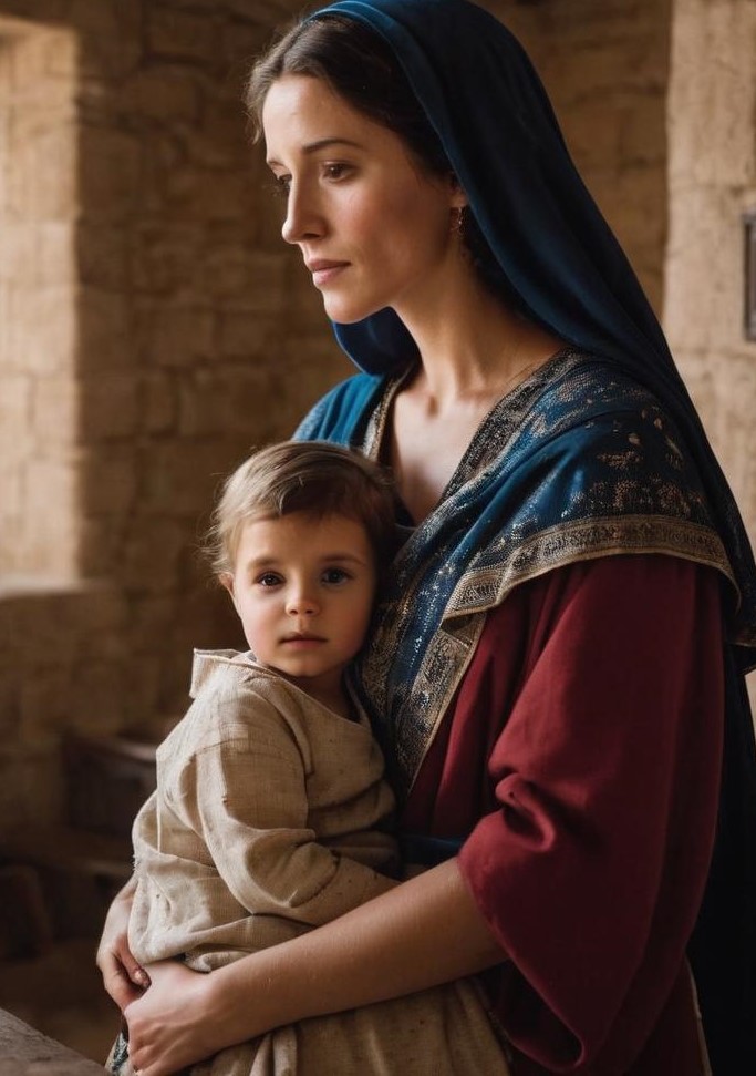 Mary with her child Jesus back in Nazareth. After they accomplished all that was required in Jerusalem, the family returned to their home in Nazareth. The three wise men found Jesus there.