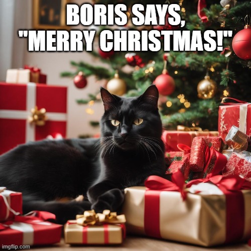 Boris is the hero of a series of stories, including a handful of stories for Christmas. He is posing in front of a tree, surrounded by presents.