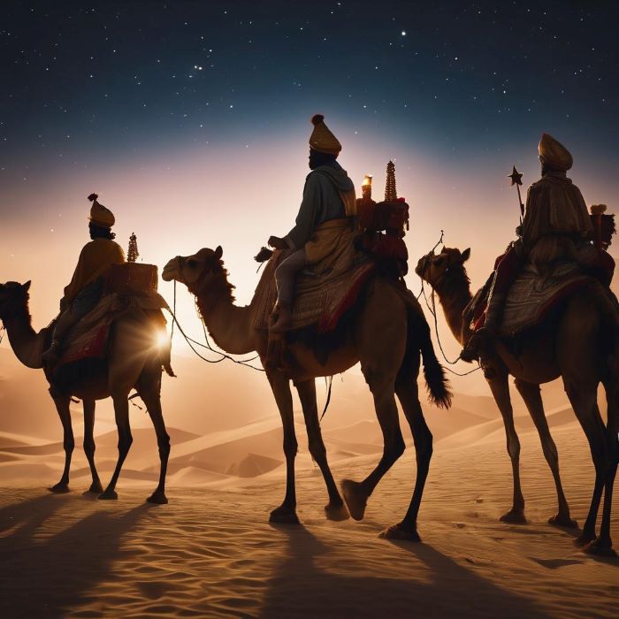 The three wise men on their camels following a star to worship Jesus. Matthew 2:1-12