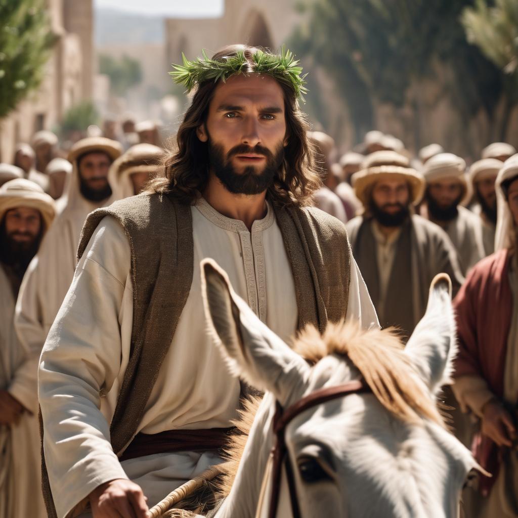 Jesus rides a donkey into Jerusalem on Palm Sunday while the crowd shouts, "Hosanna! Blessed is He and praise to Him Who comes in the name of the Lord, even the King of Israel!"